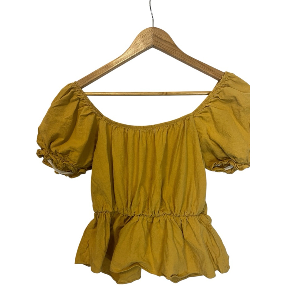 Sienna Sky Mustard Peplum Puff Sleeve Tie Front Cottagecore Top Medium - Picture 6 of 11